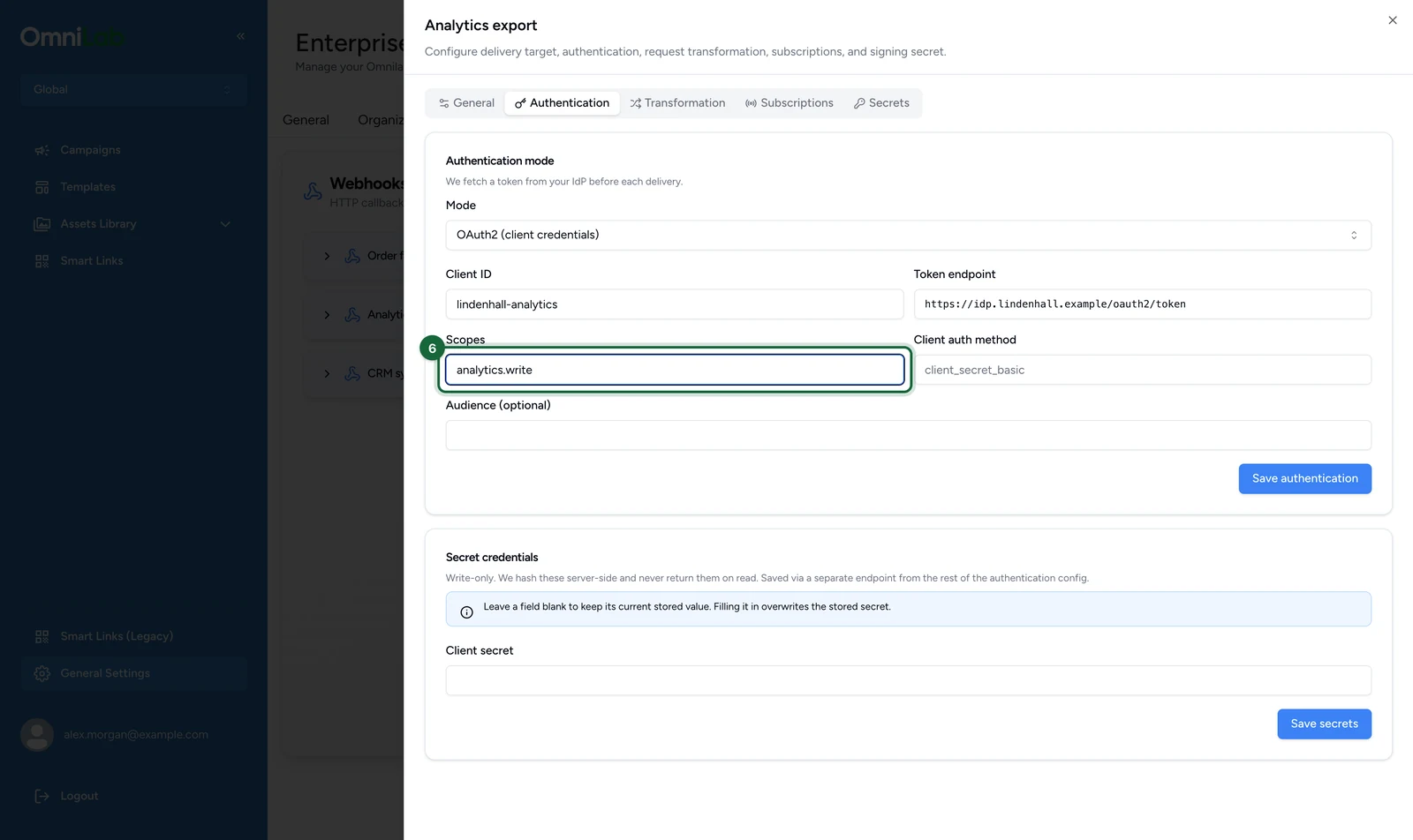 Authentication tab with the Scopes analytics.write, highlighted