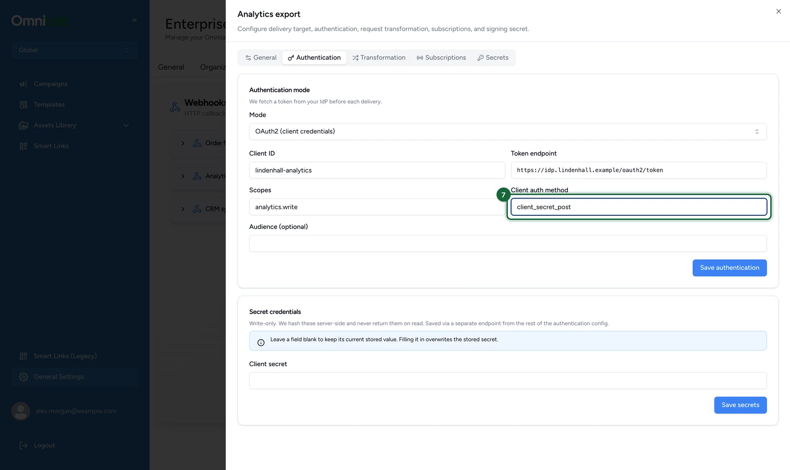 Authentication tab with the Client auth method client_secret_post, highlighted