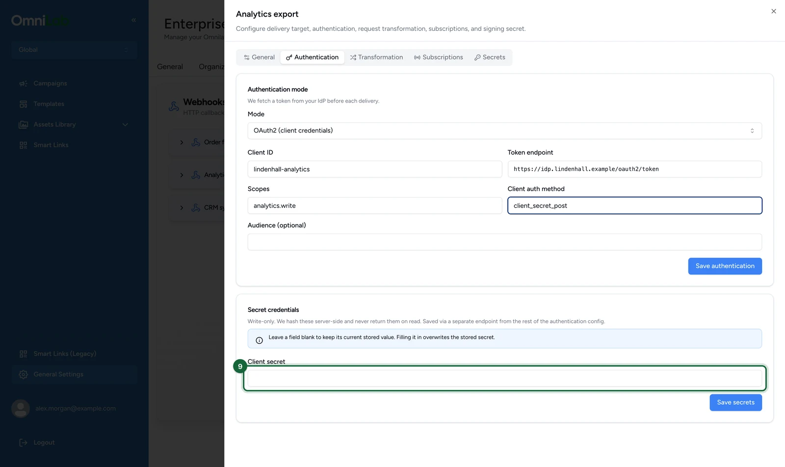 Secret credentials with the Client secret field highlighted