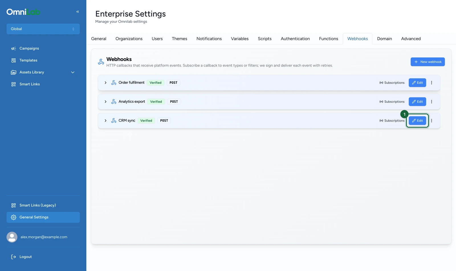 Webhooks tab with Edit on the CRM sync row highlighted