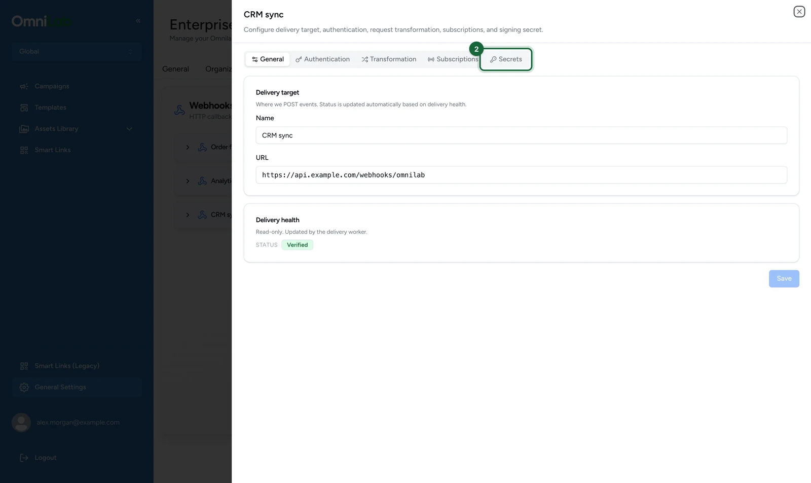 CRM sync with the Secrets tab highlighted