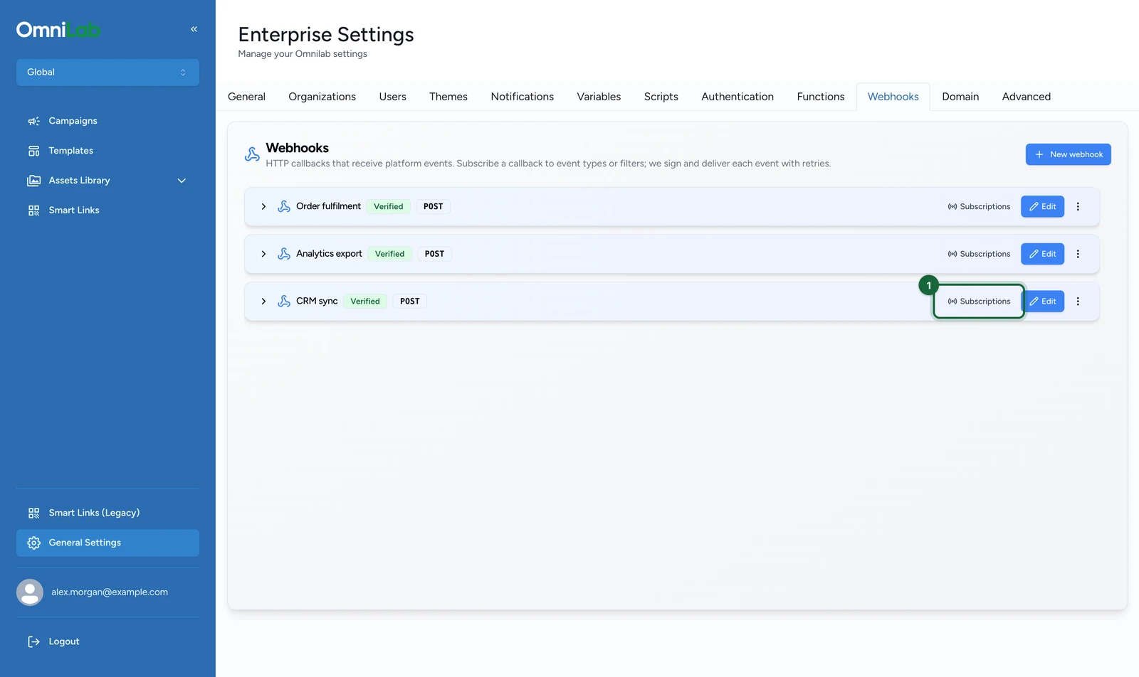 Webhooks tab with Subscriptions on the CRM sync row highlighted