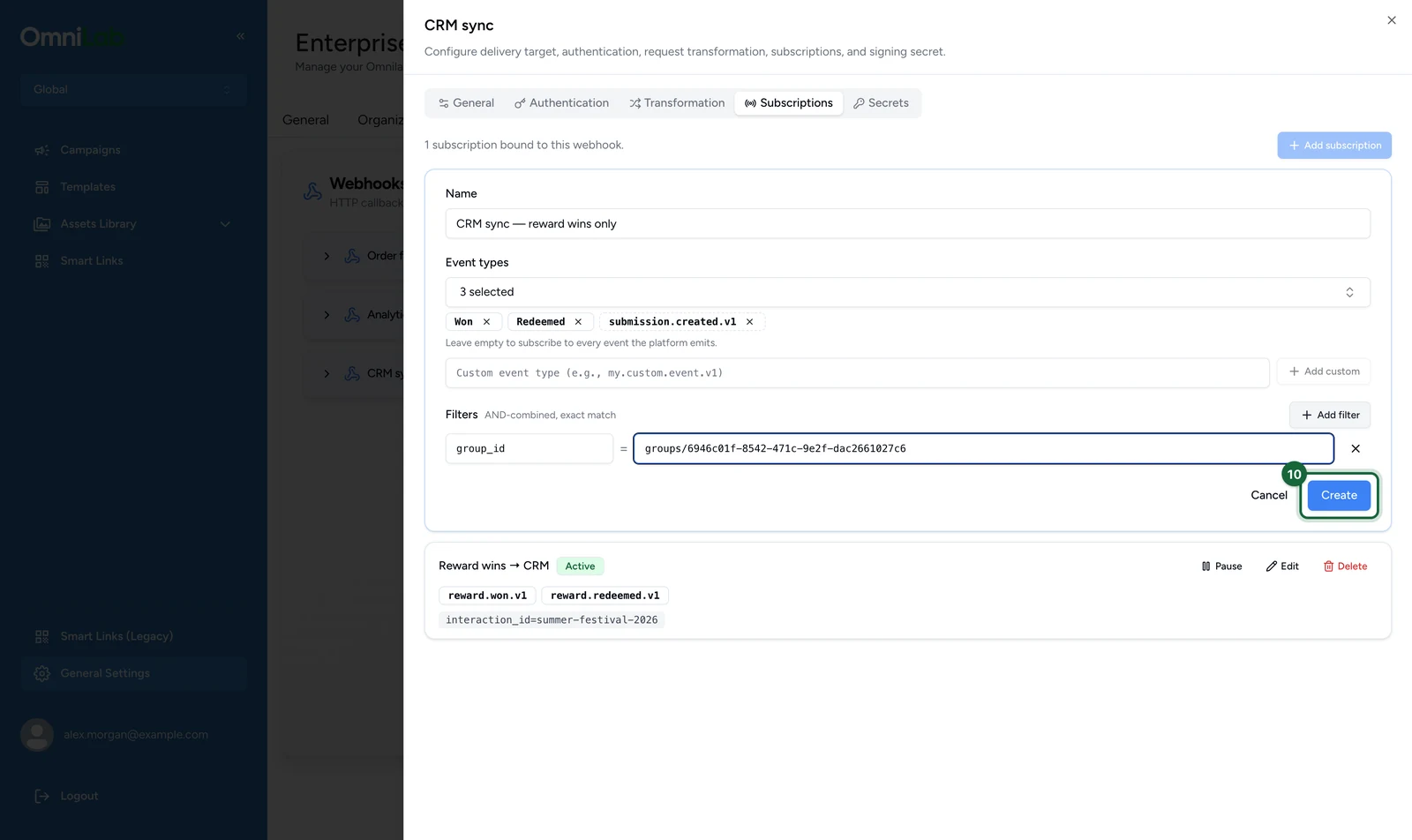 Subscription form with the Create button highlighted