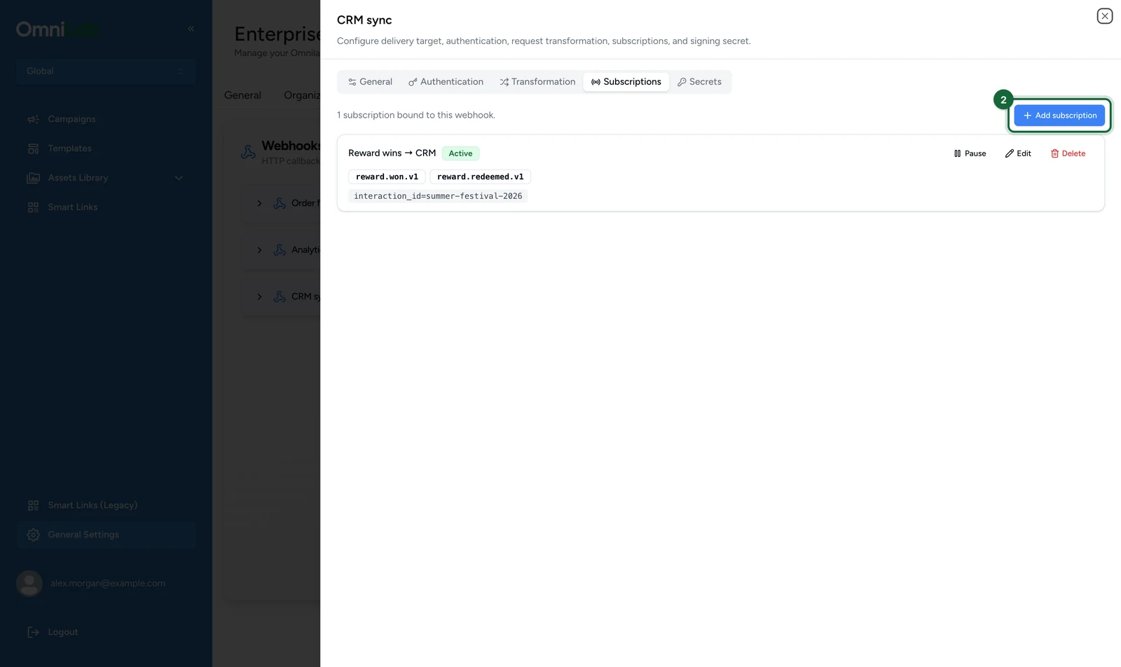 CRM sync Subscriptions tab with the Add subscription button highlighted