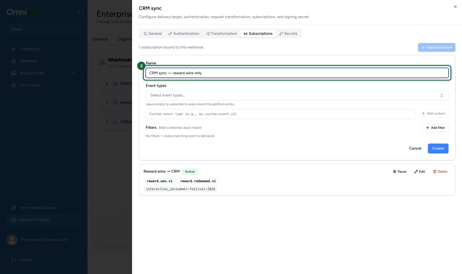 Subscription form with the name CRM sync — reward wins only, highlighted