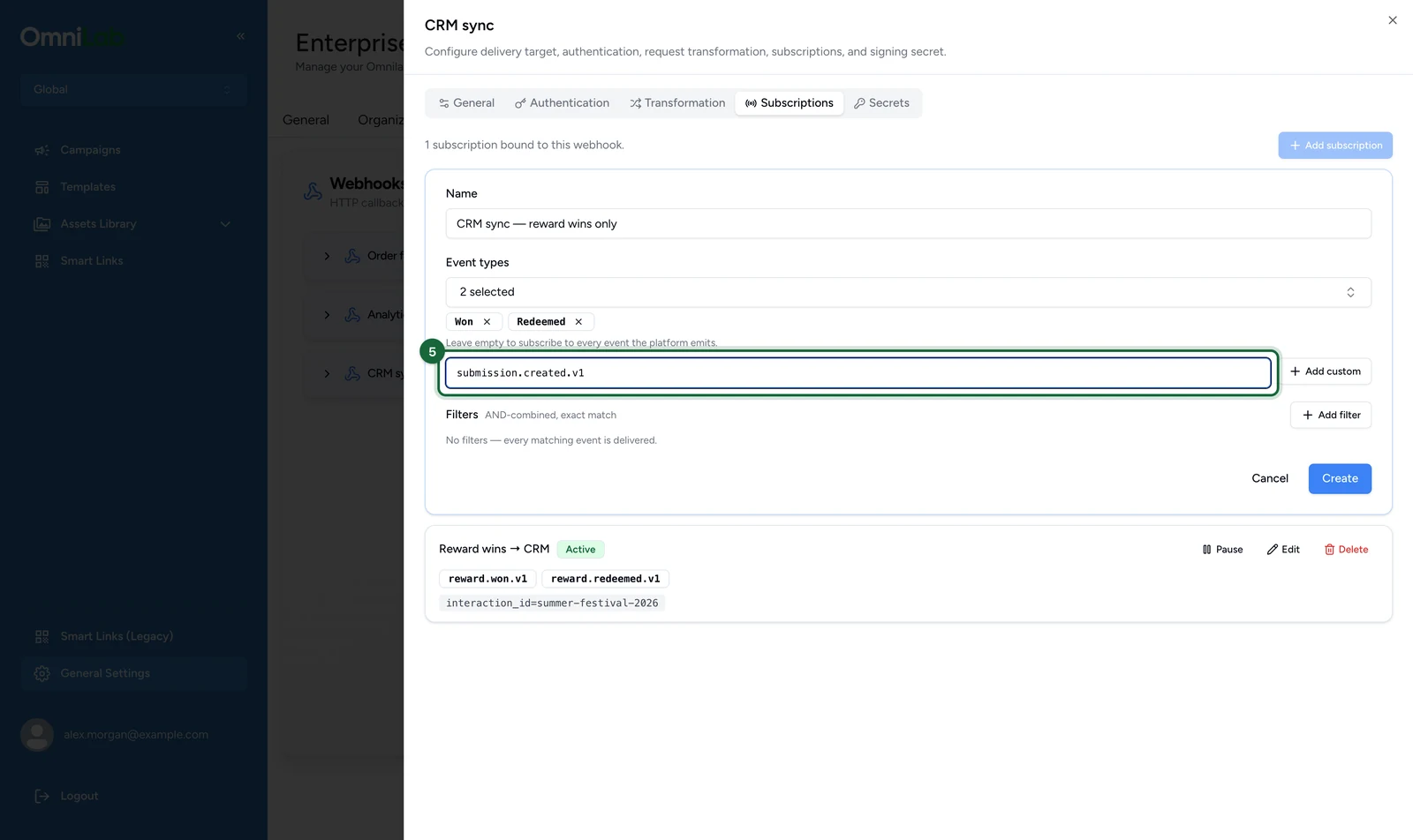 Subscription form with submission.created.v1 in Custom event type, highlighted