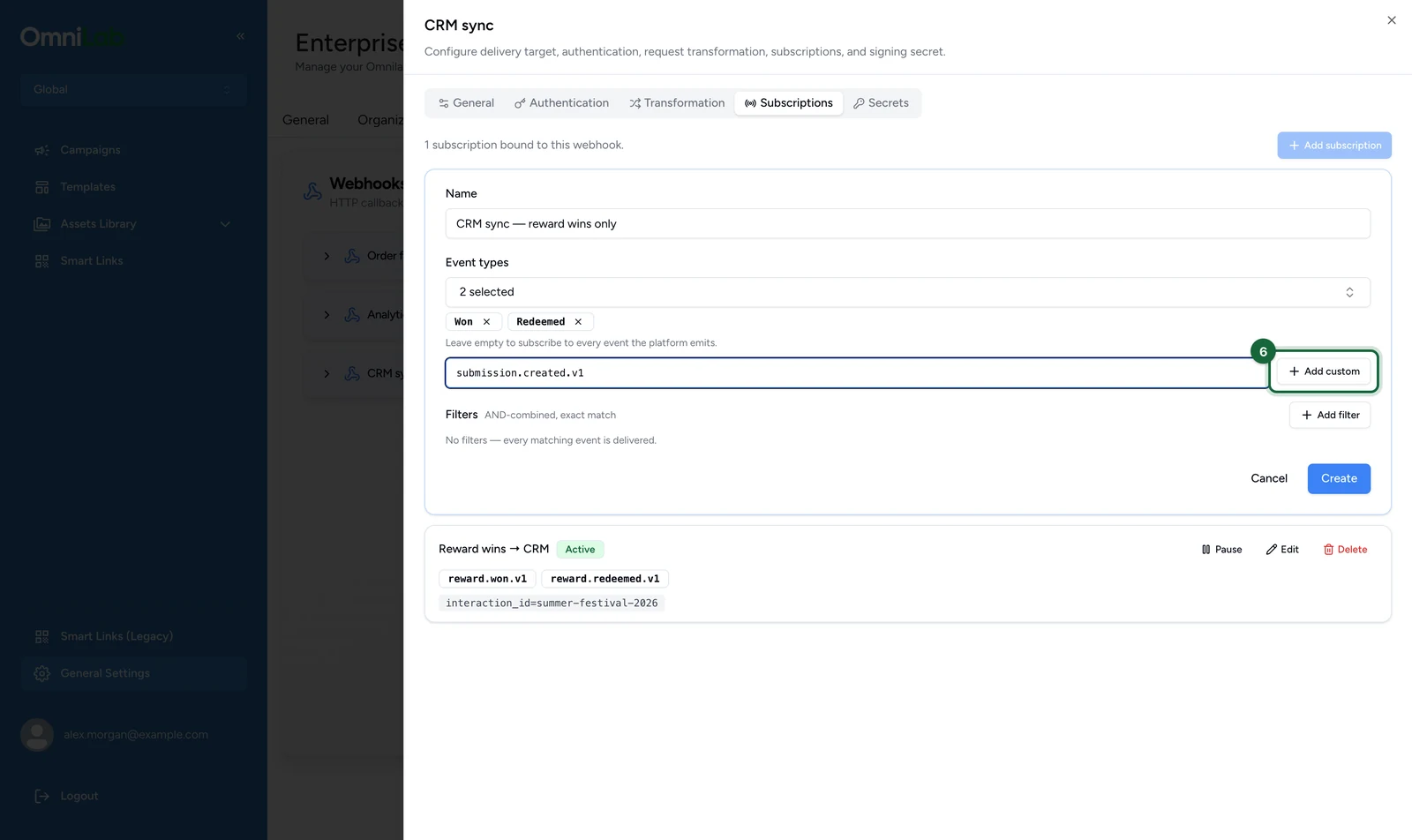 Subscription form with the Add custom button highlighted