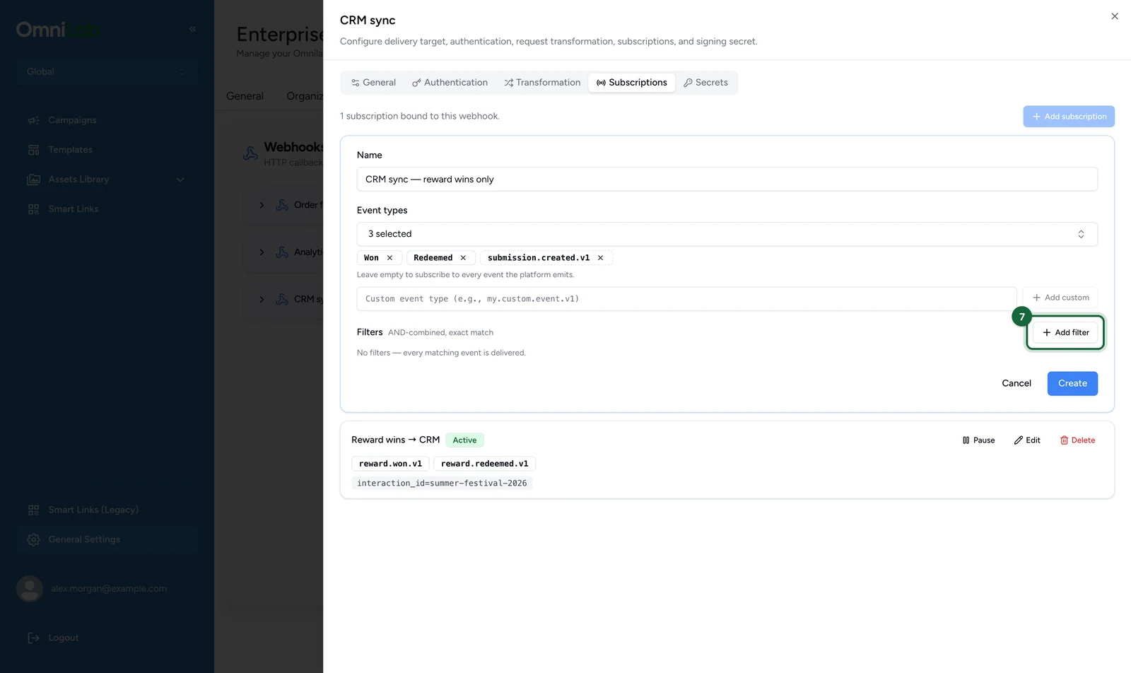 Subscription form with the Add filter button highlighted