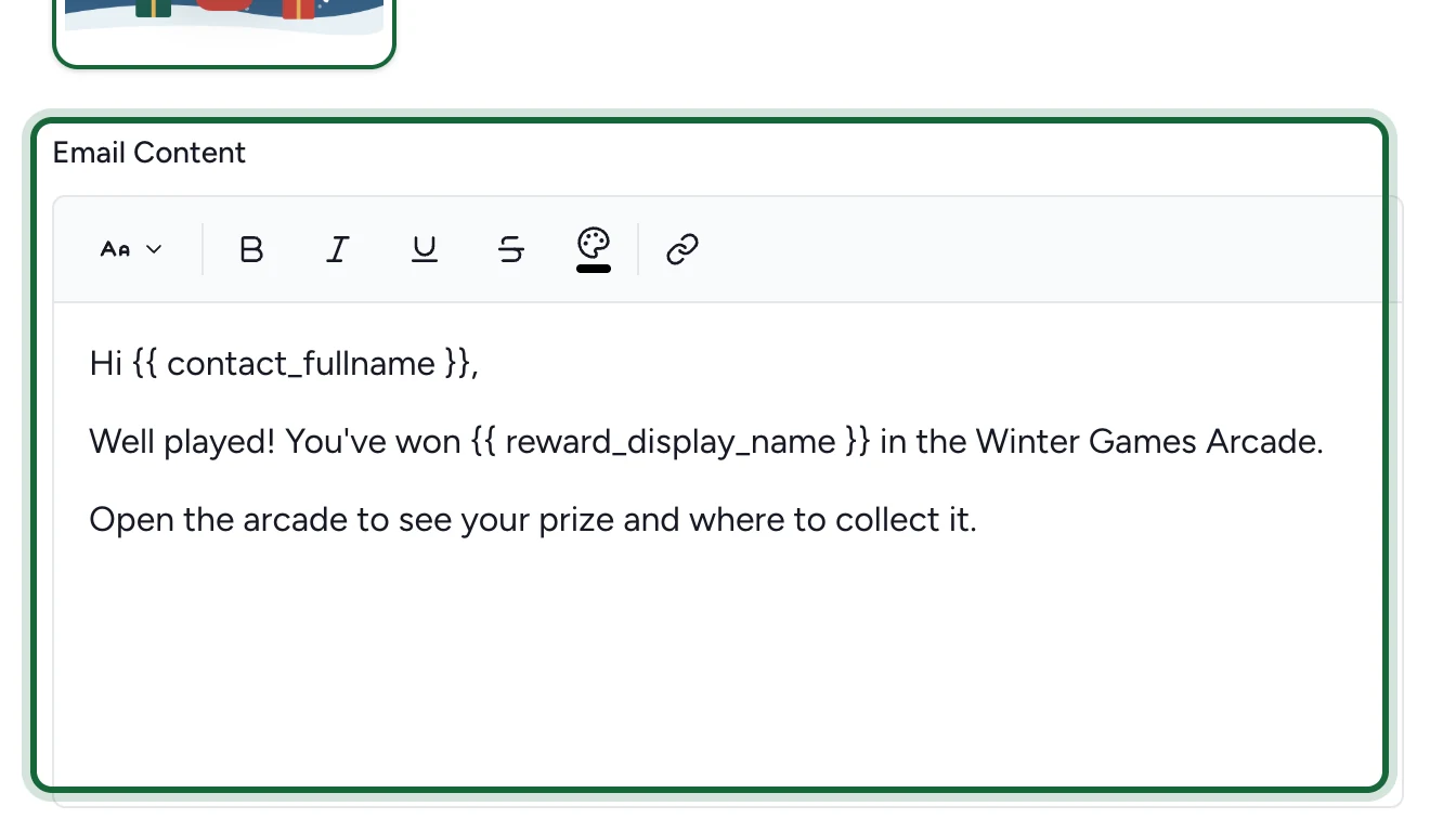 Email Content with the name and prize fields in the winner message