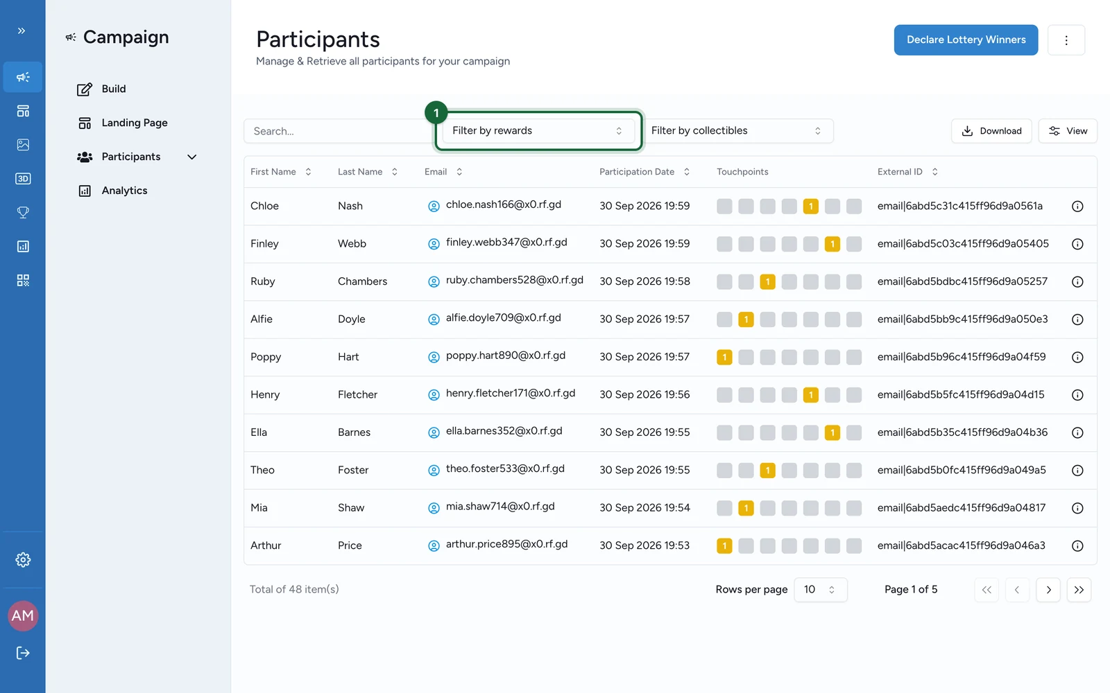 Participants with Filter by rewards highlighted