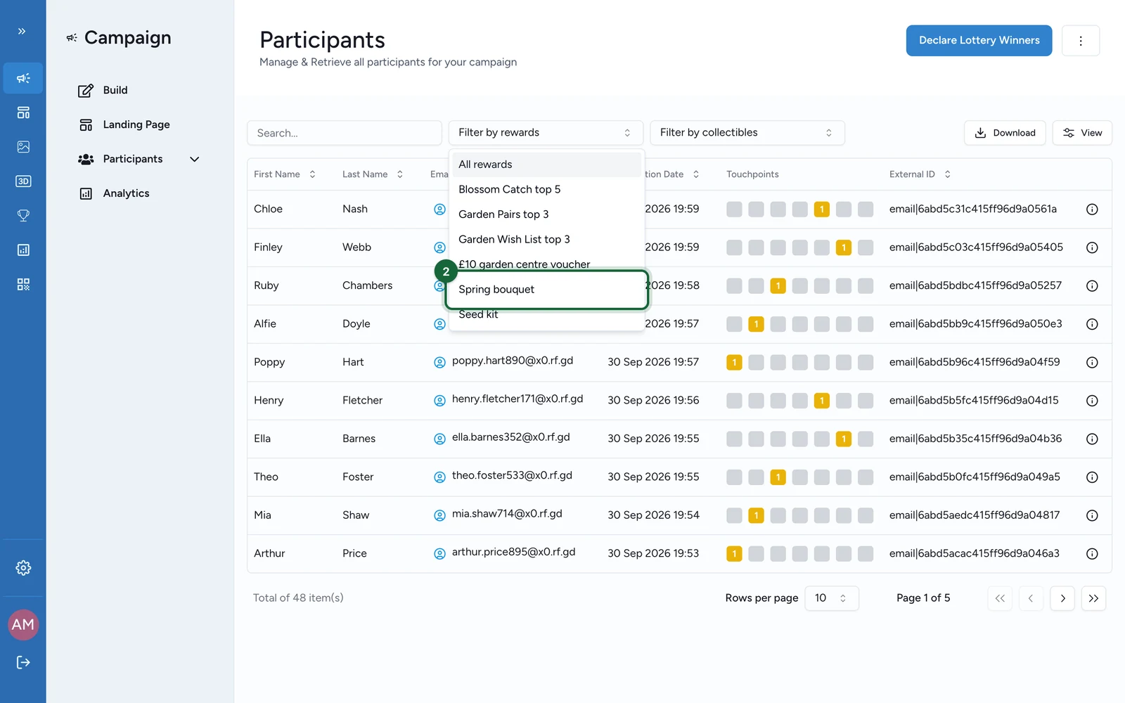 Filter by rewards open, with Spring bouquet highlighted