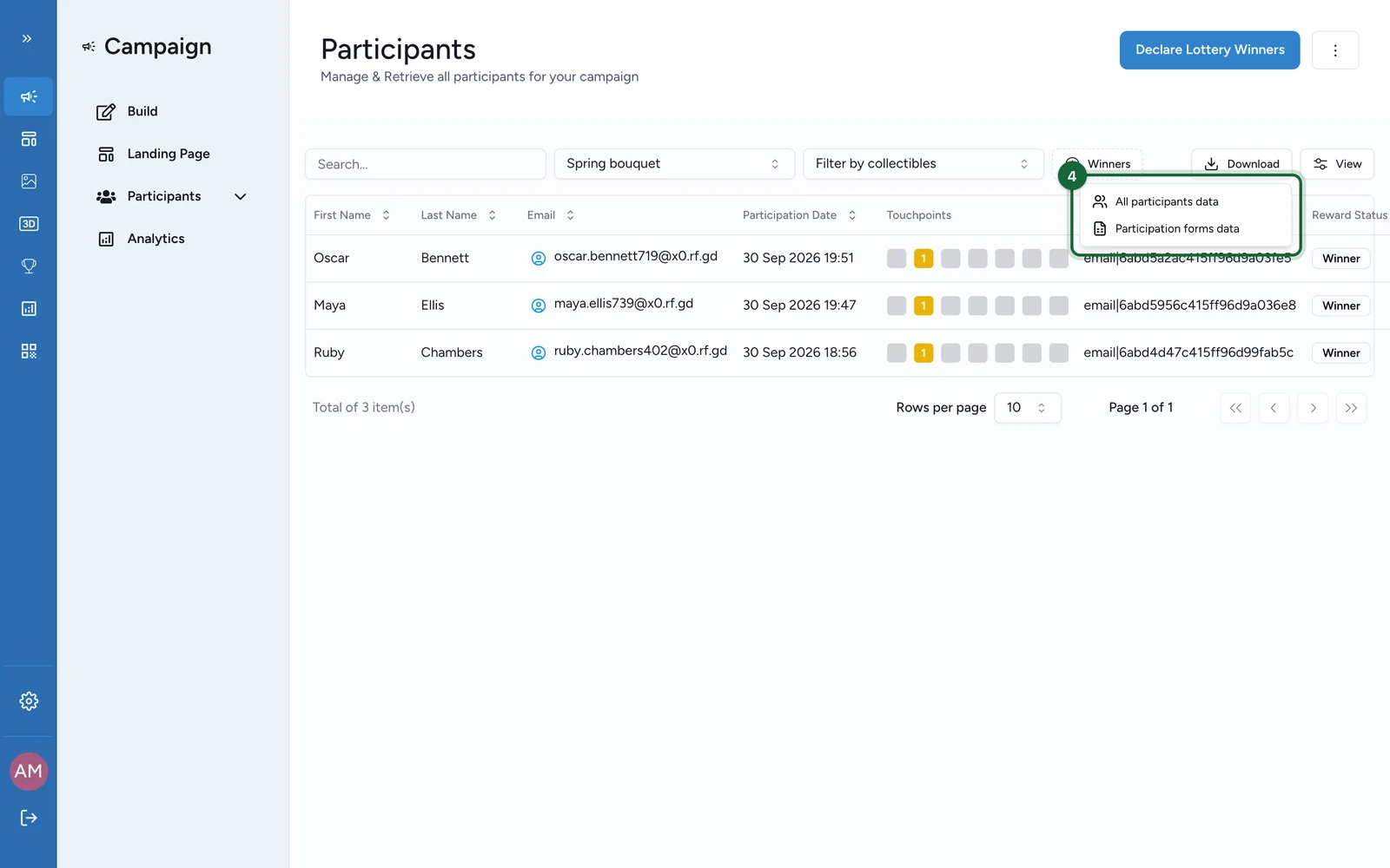Download menu with All participants data and Participation forms data, highlighted