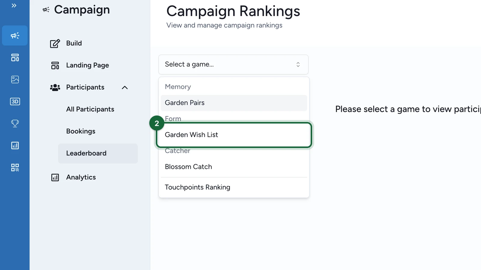 Select a game open, with Garden Wish List highlighted
