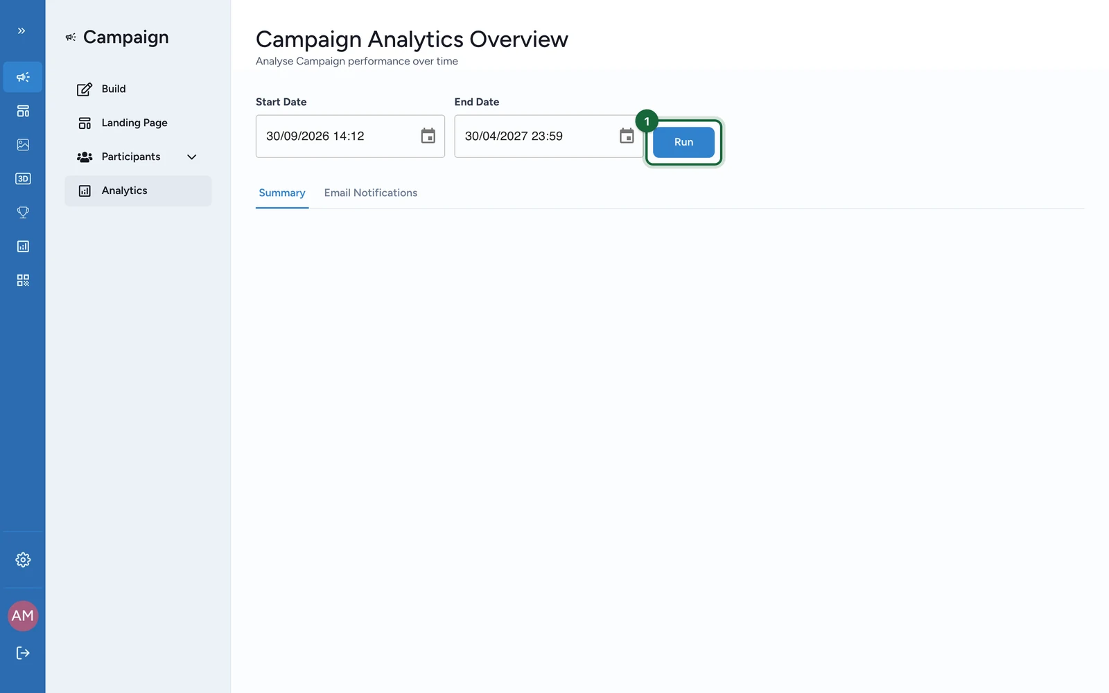 Analytics with the Run button highlighted