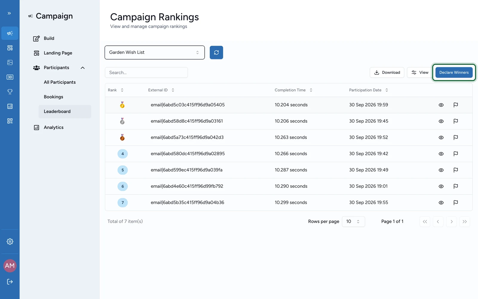 Garden Wish List ranking with the Declare Winners button highlighted