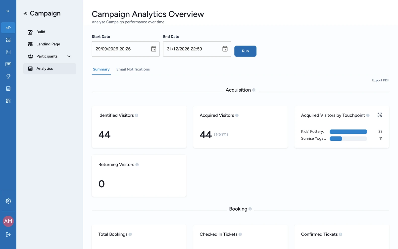 Campaign Analytics Overview with the Acquisition block, and the Booking block below it