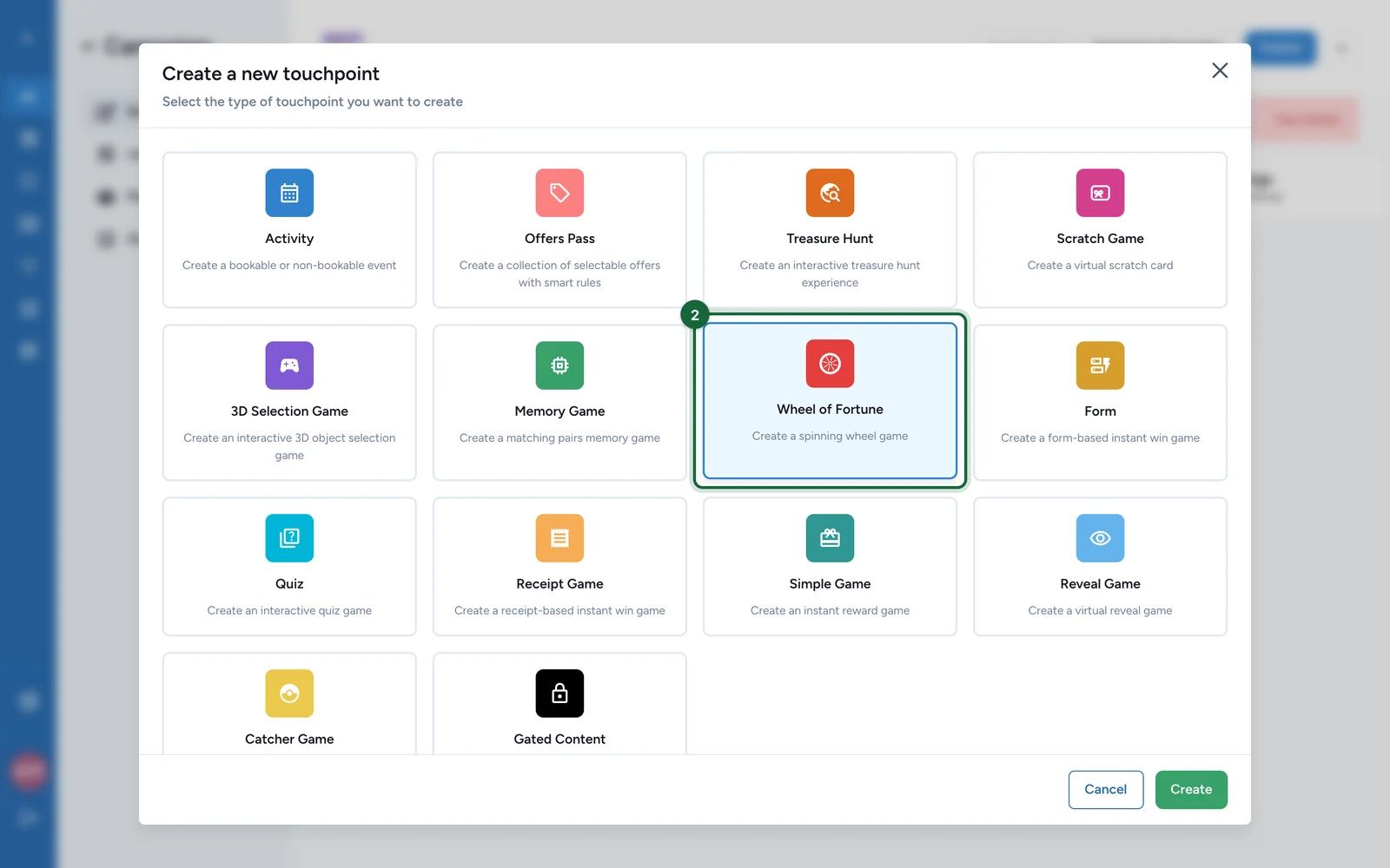 Create a new touchpoint window with the Wheel of Fortune tile highlighted