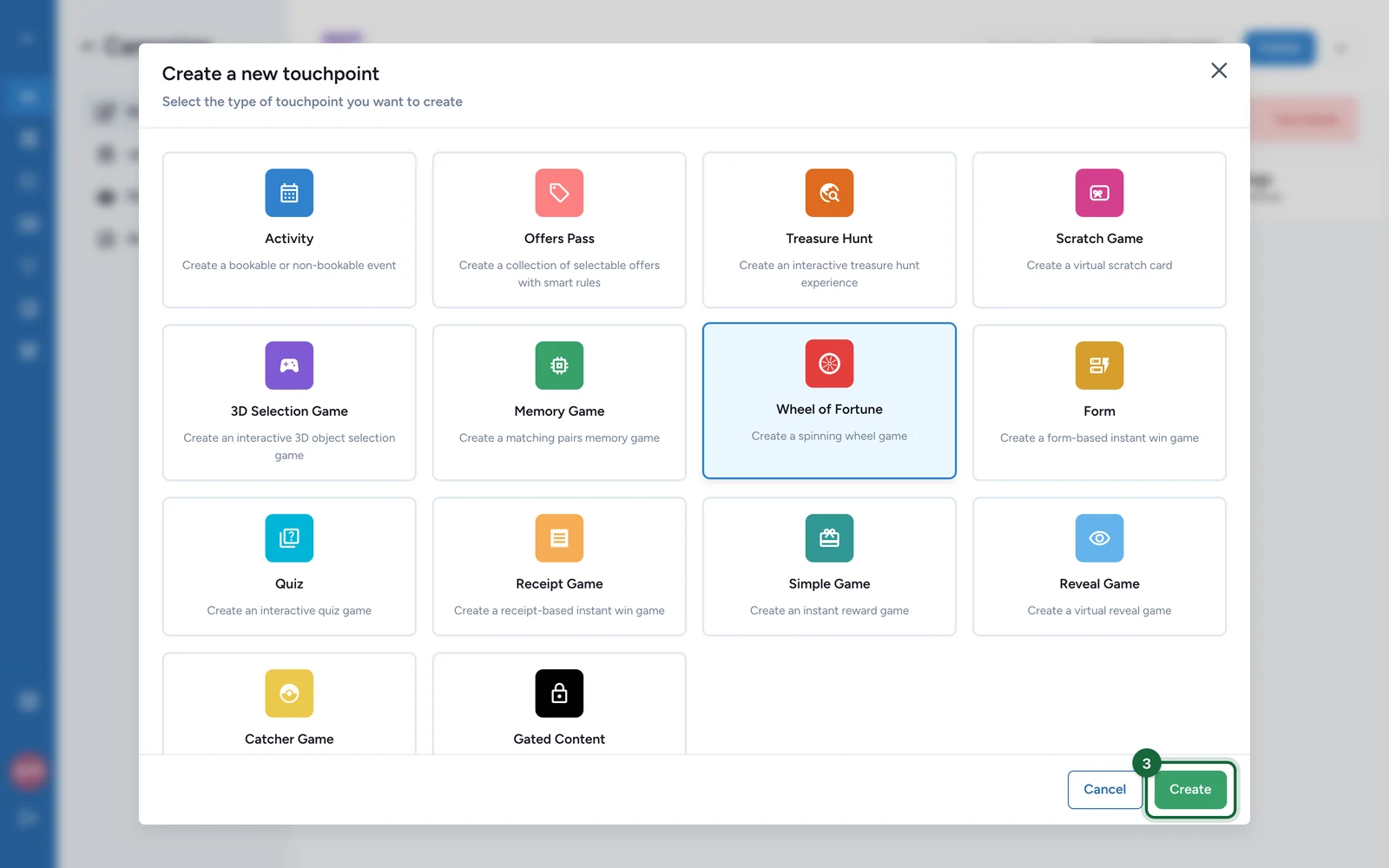Create a new touchpoint window with the Create button highlighted