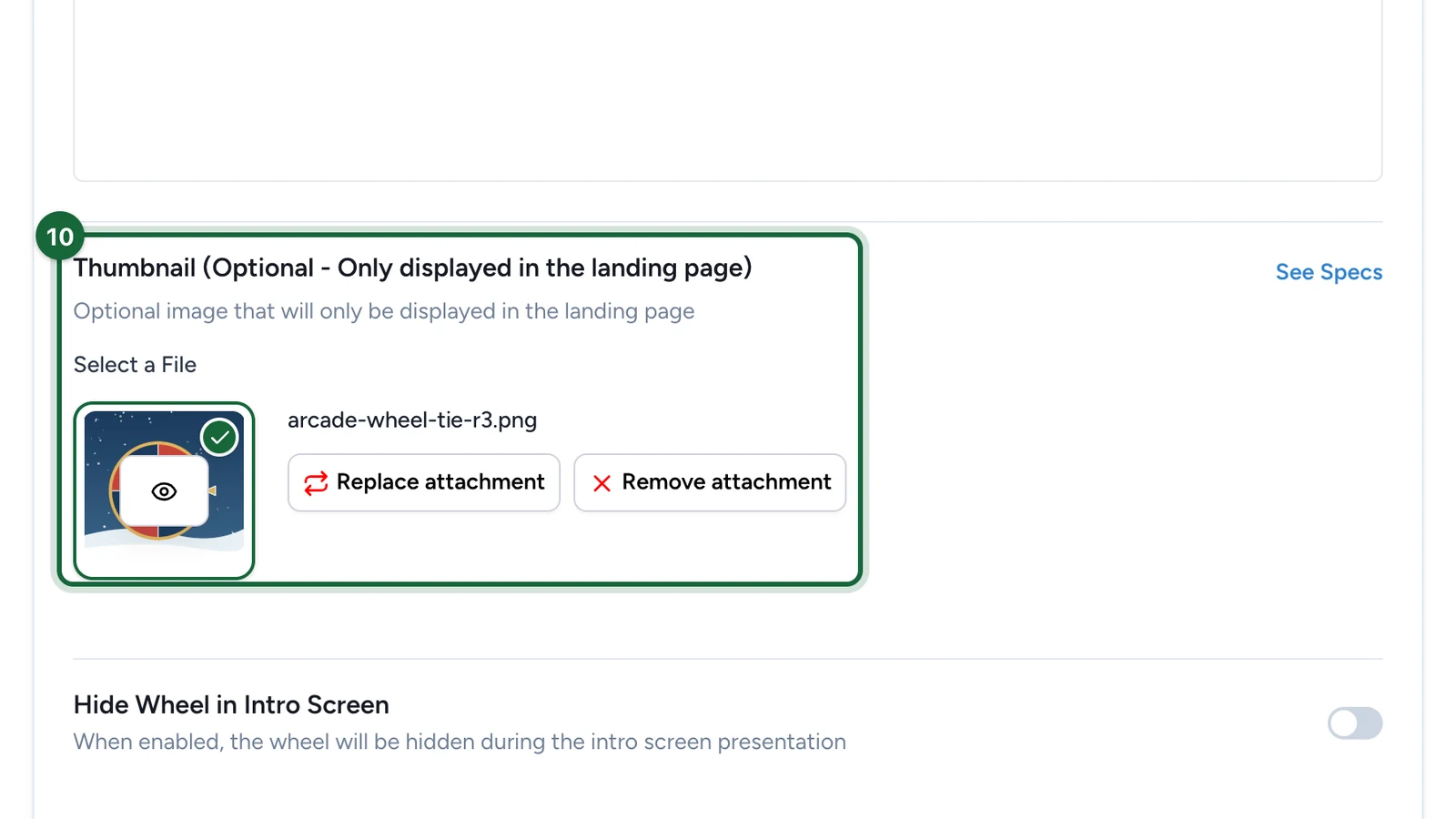 Thumbnail with the wheel tile chosen, highlighted