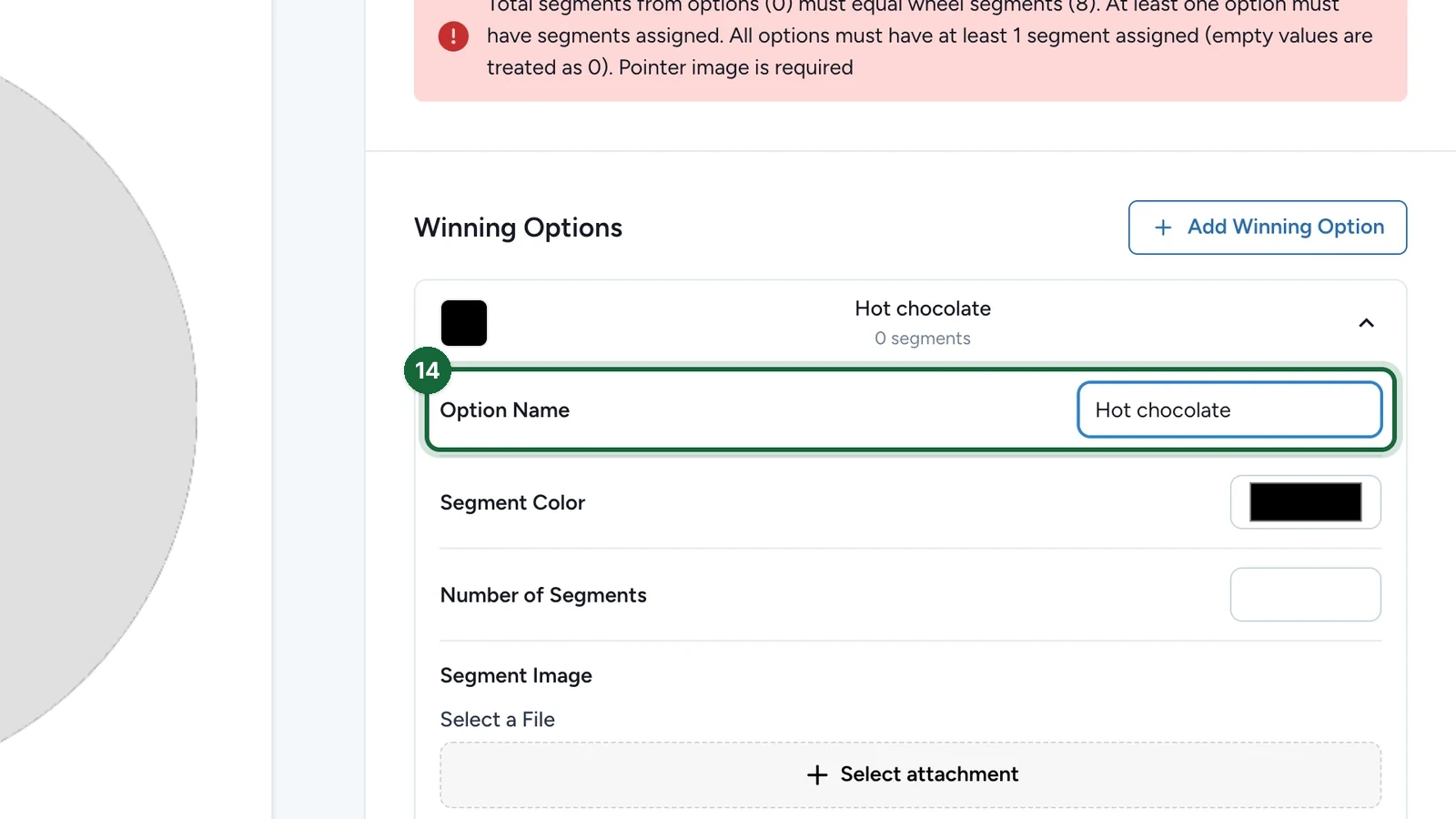 Option Name Hot chocolate, highlighted