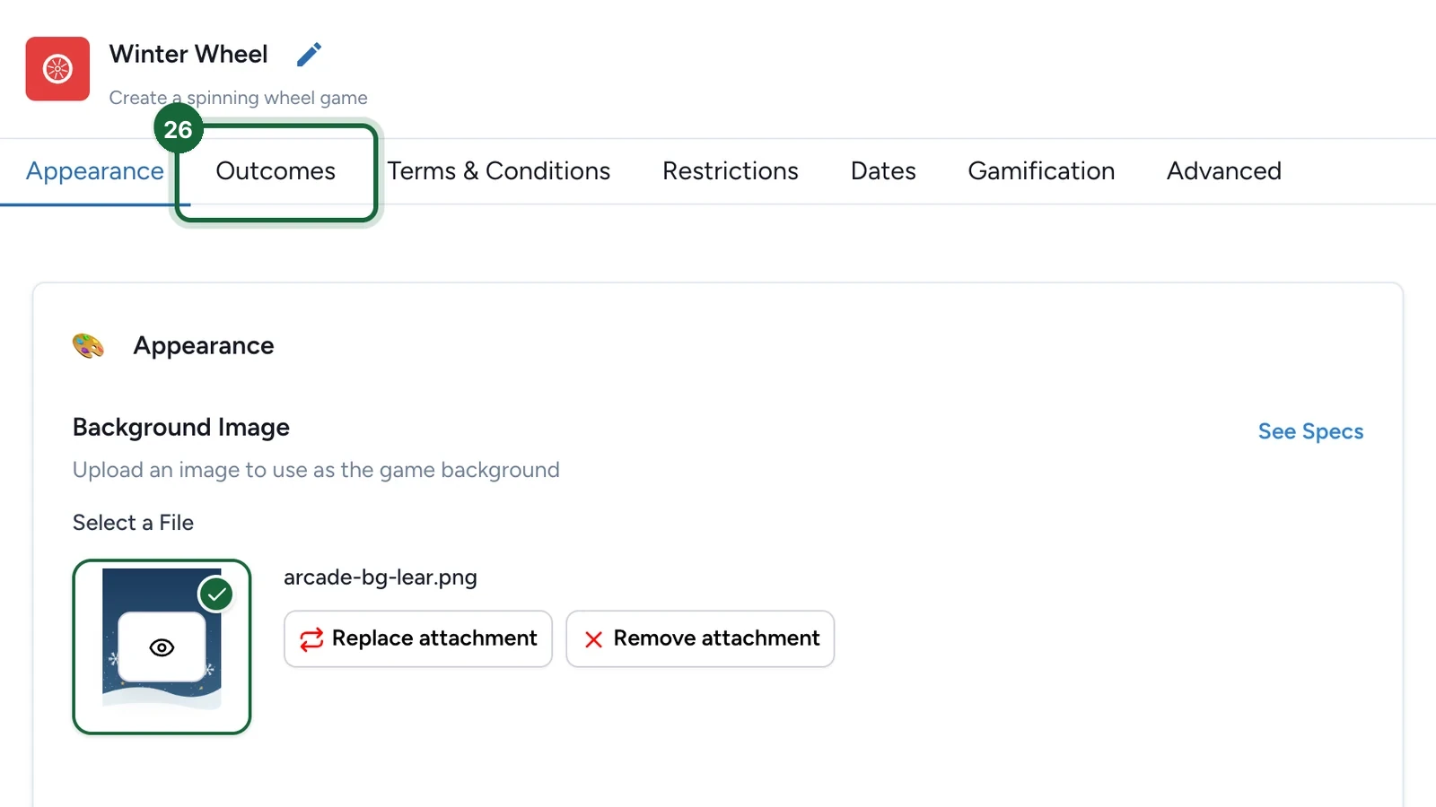 Winter Wheel settings with the Outcomes tab highlighted