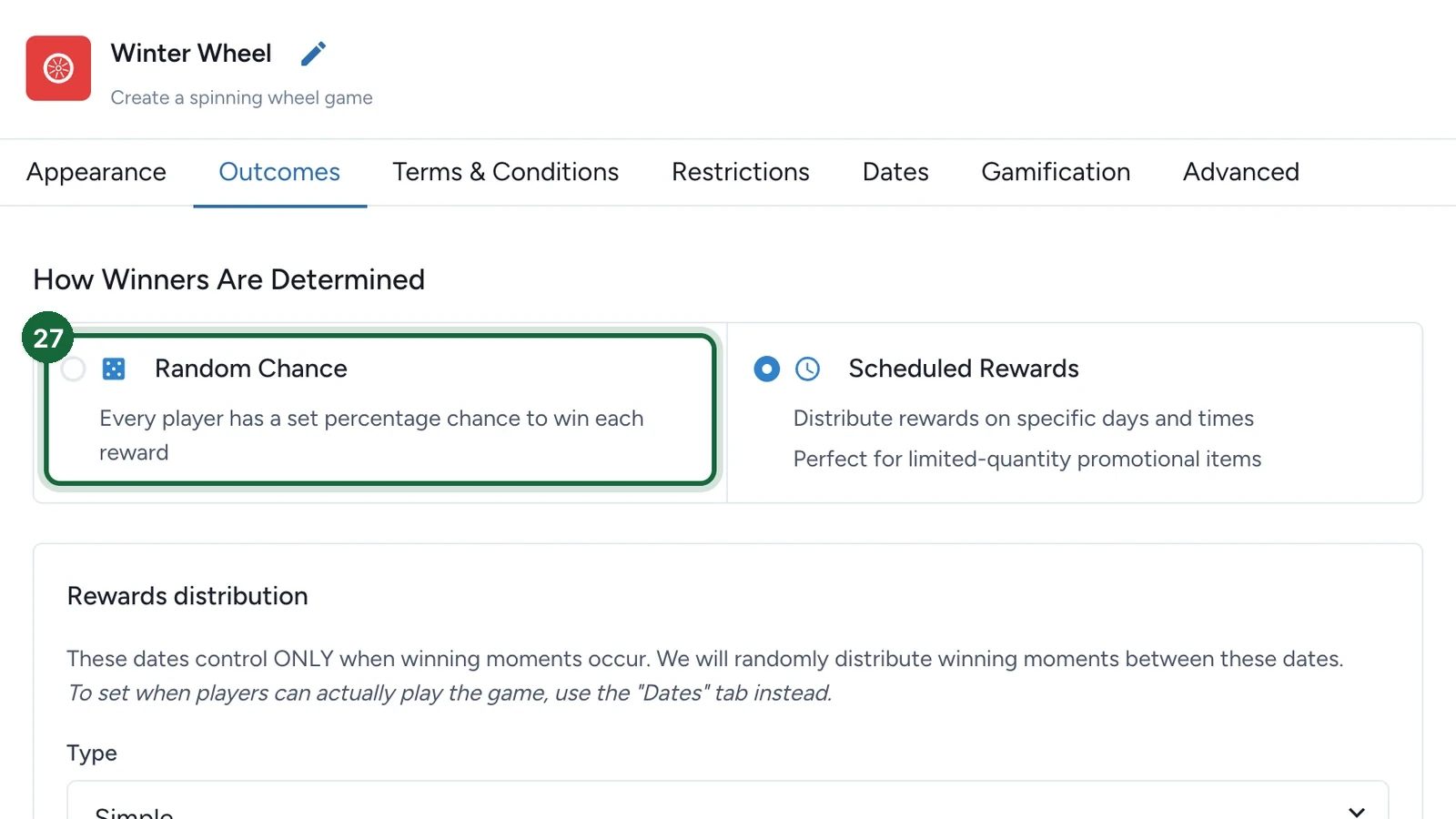 How Winners Are Determined with Random Chance highlighted, and Scheduled Rewards selected