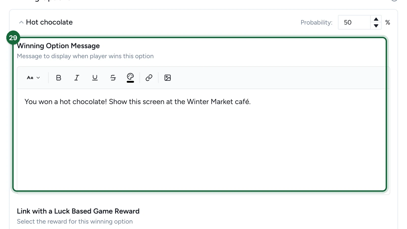 Winning Option Message about the hot chocolate, highlighted