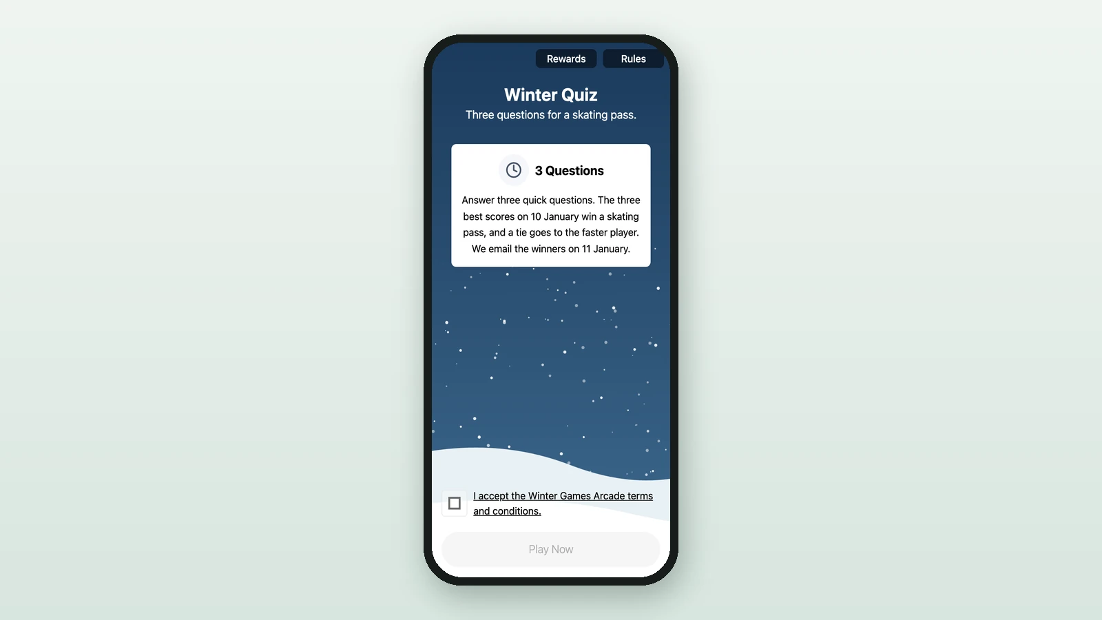The Winter Quiz on a phone: title, subtitle and the 3 Questions card with the rules