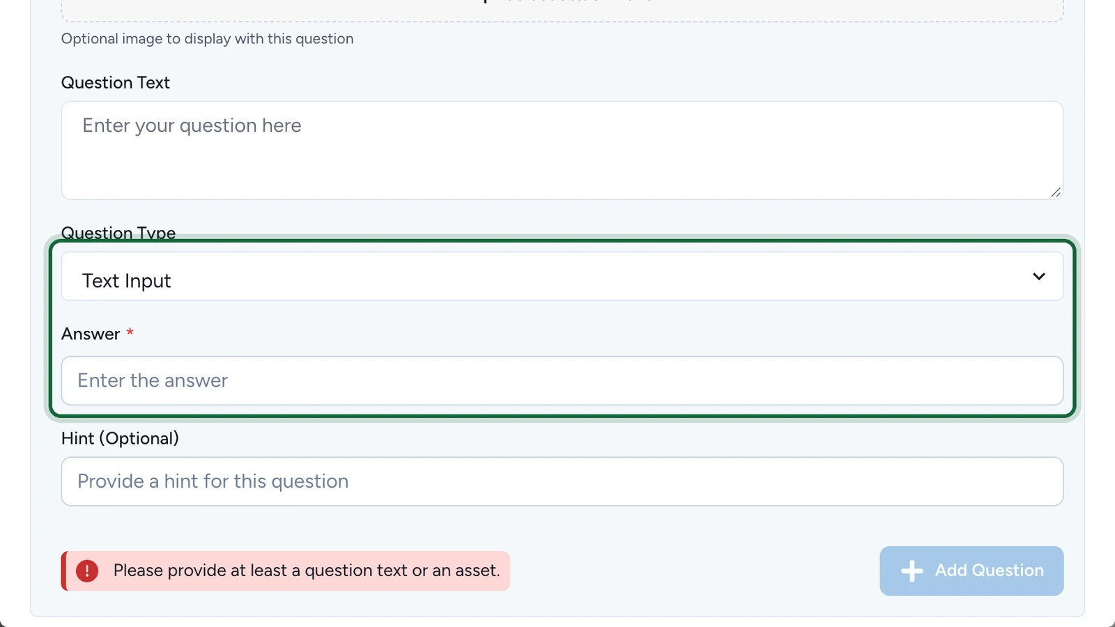 Add New Question window with Question Type set to Text Input and the Answer field below, highlighted