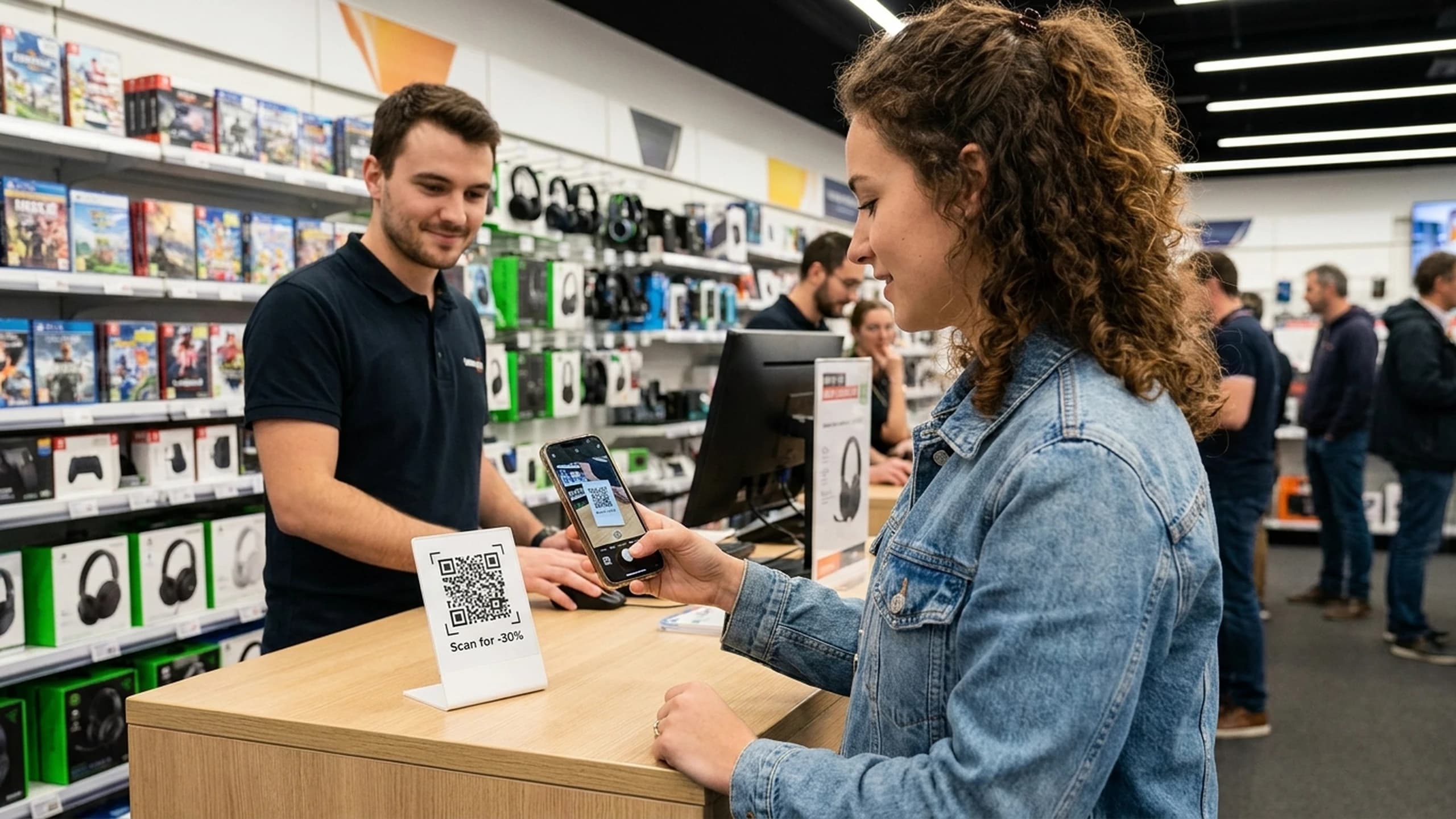 Customer scanning a "Scan for -30%" QR offer at the checkout counter of an electronics store