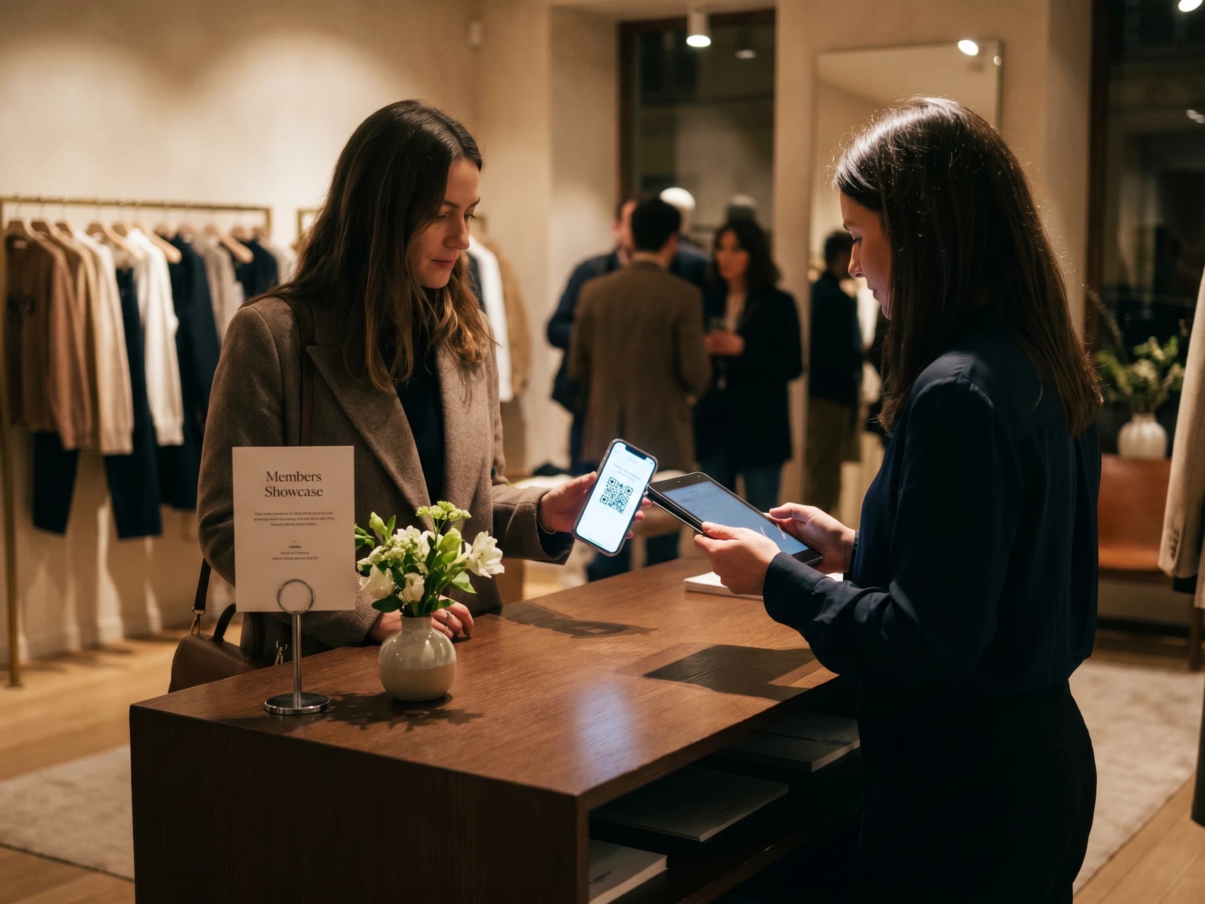 VIP customer presenting a ticket QR at a private sale check-in desk