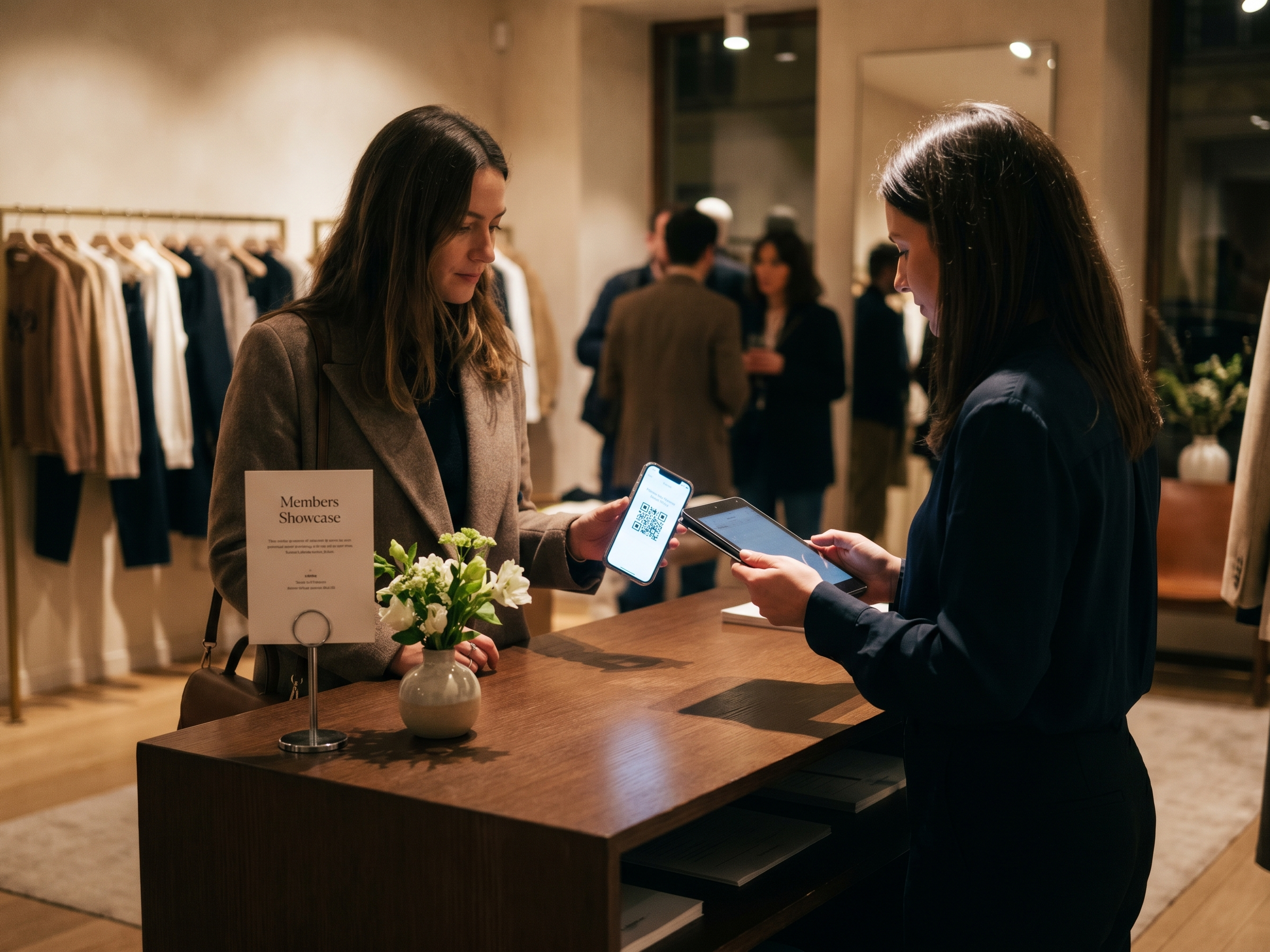 VIP customer presenting a ticket QR at a private sale check-in desk